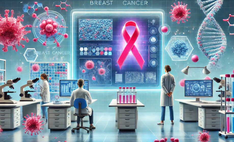 L'illustrazione rappresenta degli scienziati che guardano un monitor futuristico alla ricerca della cura del 100% dei tumori al seno.