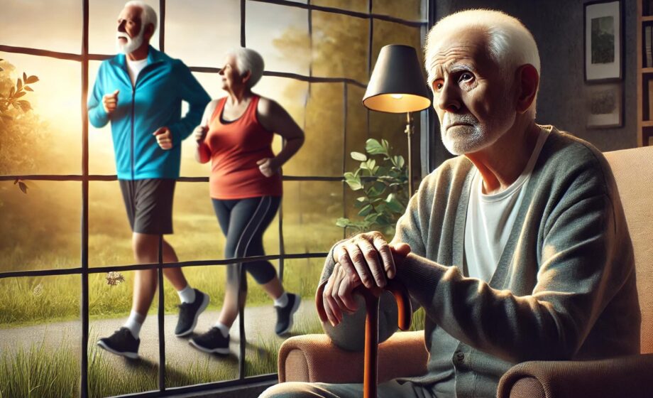 La foto rappresenta una persona anziana, pensierosa, mentre sullo sfondo passeggiano una coppia di anziani. L'immagine evoca il concetto dell'importanza della prevenzione over 65.