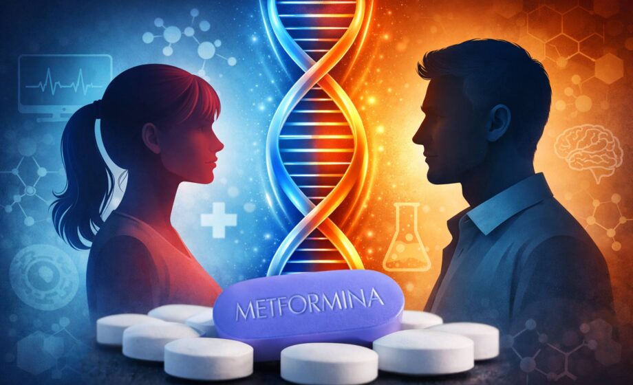 Raffigurazione grafica di una pillola di metformina e due figure stilizzate di donna e uomo su sfondo medico-scientifico, separati da un DNA che simboleggia la diversa risposta biologica. Generata dall'autore con IA mediante promt creativo.